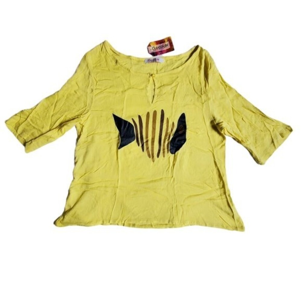 Clocolor yellow blue brown fish graphic top sz 2XL